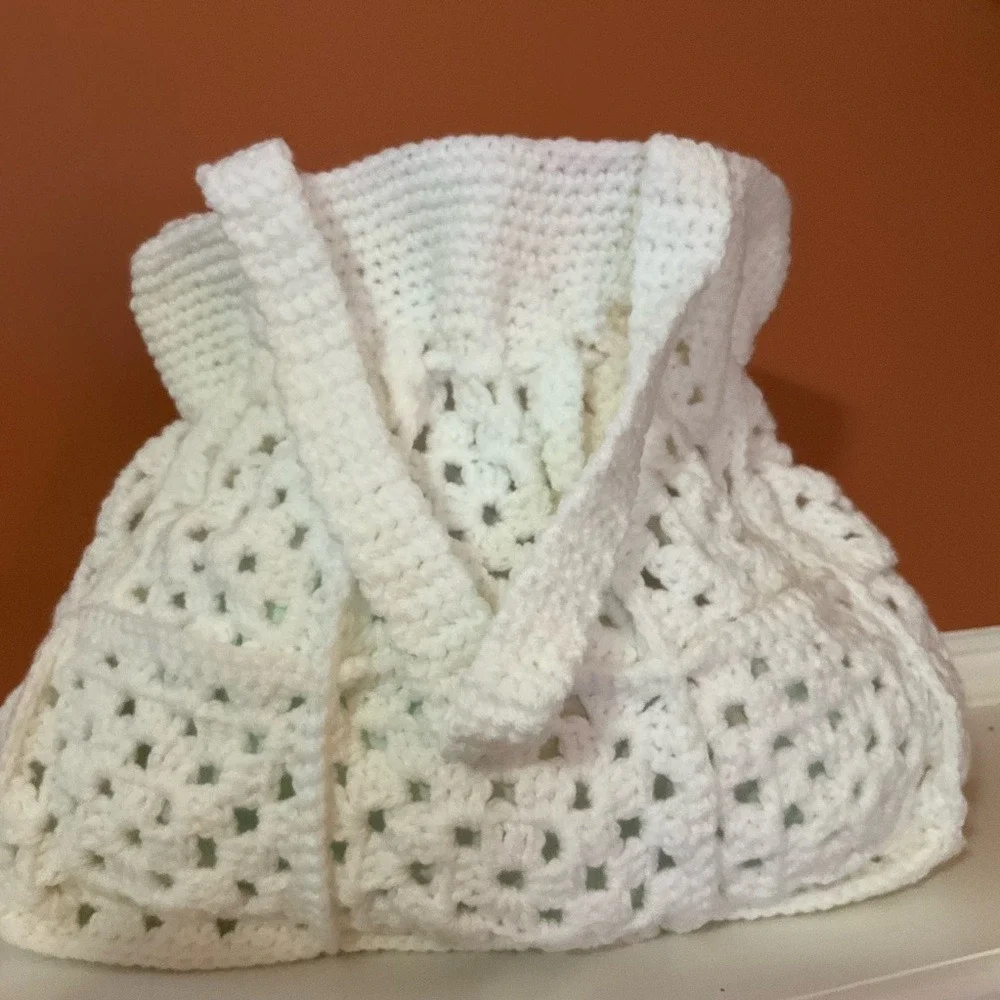 Handmade White Crochet Granny Square Tote Bag Lined Boho Drawstring Shoulder Bag